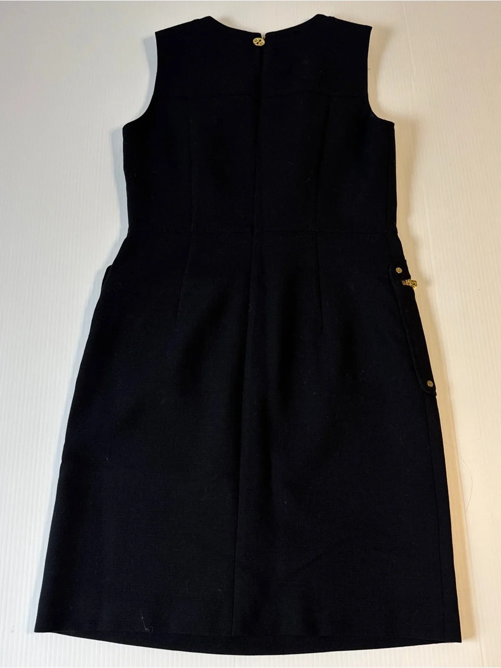Tory Burch Black Wool Blend Utility Shift Dress Gold Zip Pockets Quiet Luxury 8